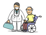 Arzt mit Mundschutz neben Senior im Rollstuhl