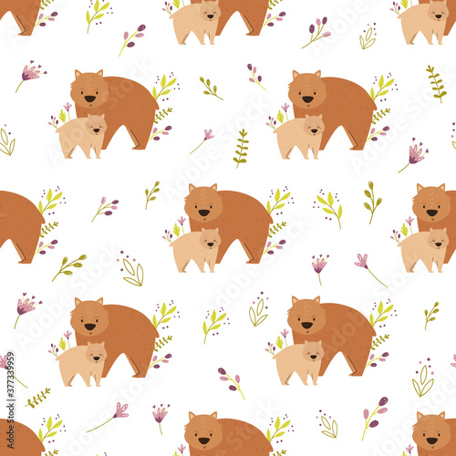 Seamless pattern with cute wombat families and field plants.