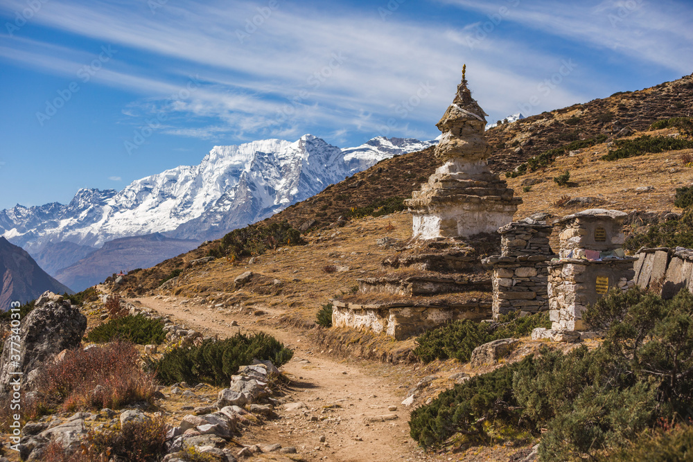 Ancient buddhist stupa. Nepal, Himalayan mountains