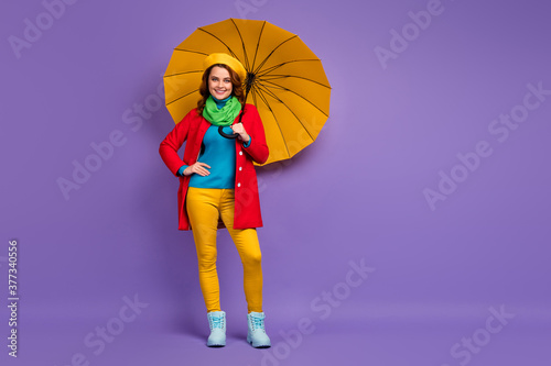 Full length body size view of her she nice-looking attractive lovely pretty charming cheerful cheery wavy-haired girl holding umbrella posing isolated on violet lilac purple pastel color background