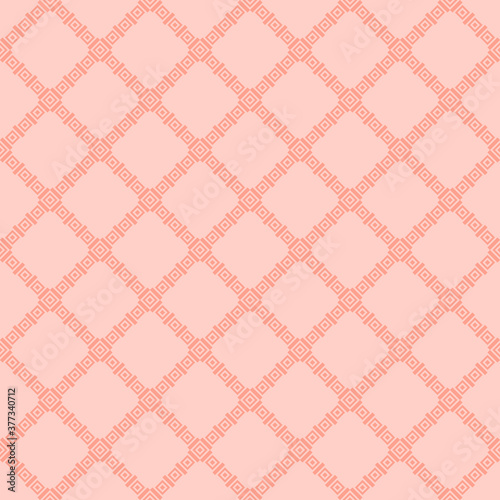 Geometric square texture. Abstract vector seamless pattern with small rhombuses, diamonds, squares, grid, net. Elegant geo background. Coral color. Repeat design for decor, fabric, wallpapers, cloth