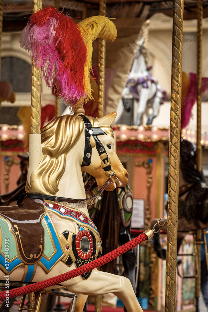 Closeup of a Carousel Horses or Merry-go-round. Florence, Italy, Southern Europe