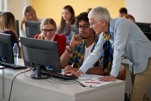 Cuadro en lienzo Female professor correcting students errors at an informatics lecture