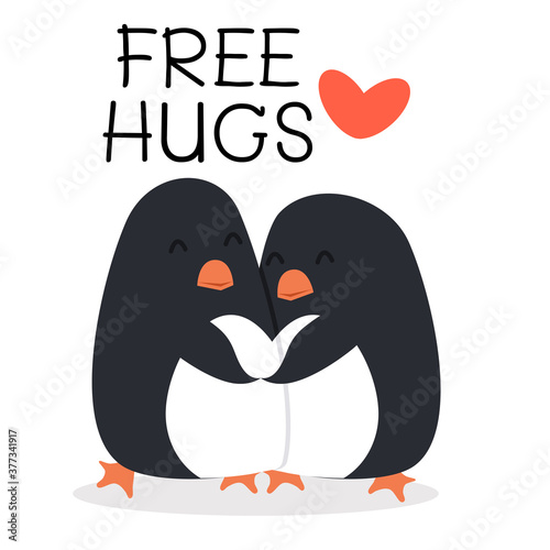 Cute  Penguins happy Couple hug concept