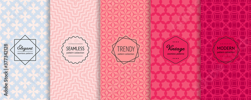 Vector geometric seamless patterns collection. Set of elegant colorful background swatches with modern minimal labels. Cute abstract textures. Blue, pink, red color. Beauty fashion theme design
