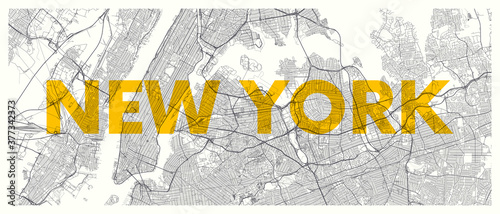 City map New York, detailed road plan widescreen vector poster
