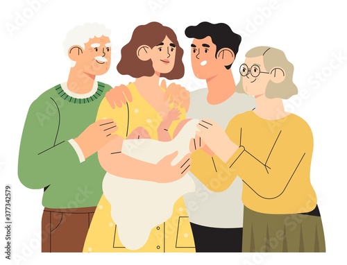 Happy family portrait, motherhood, fatherhood concept. Happy father mother grandmother grandfather and newly born child or baby. Three generations together. Young parants holding infant and smiling.