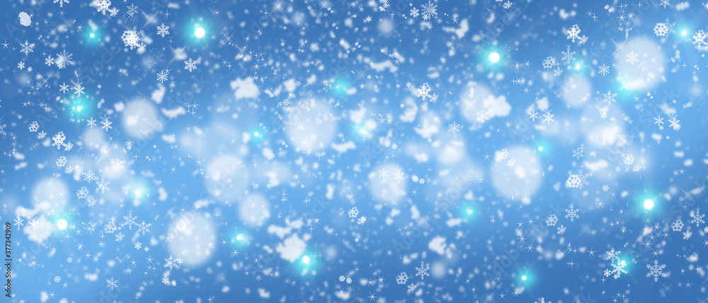 Festive blue Christmas background with glitter and snowflakes. Christmas banner.