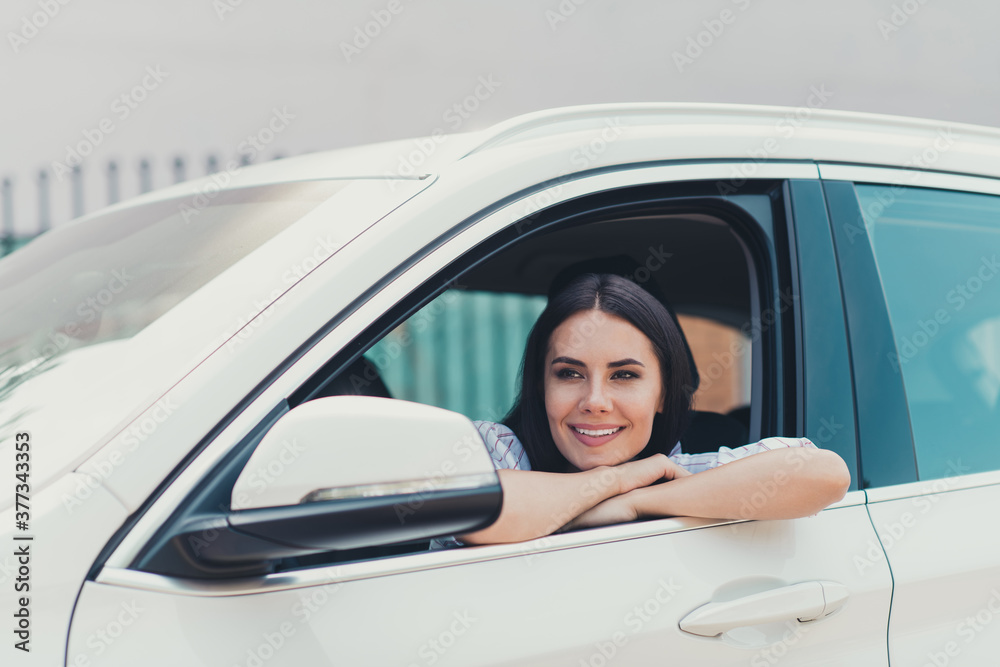 Photo of dreamy girl ride drive car city road route stuck traffic jam look window stay calm relaxed outside Photo of dreamy girl ride drive car city road route stuck traffic jam look window stay calm relaxed outside