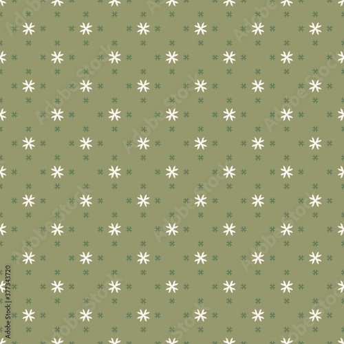 Vector geometric floral pattern. Abstract minimal seamless texture. Simple ornament with small flower shapes, tiny crosses. Elegant background in green color. Cute repeat design for decor, wallpapers
