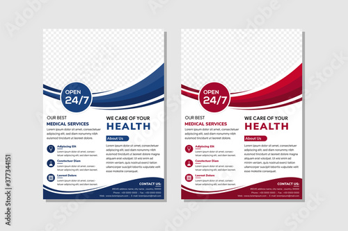 Medical Flyer template. poster pamphlet brochure cover design use vertical layout in white background, two colors scheme are red and blue, vector template in A4 size. Space for photo collage. 