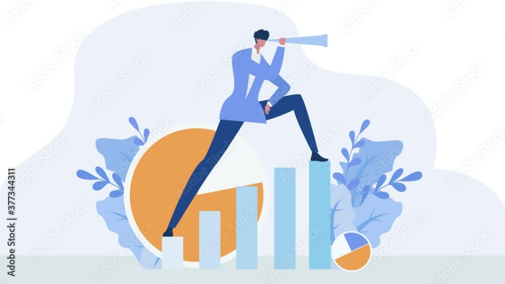 Businessman using a telescope on growth chart