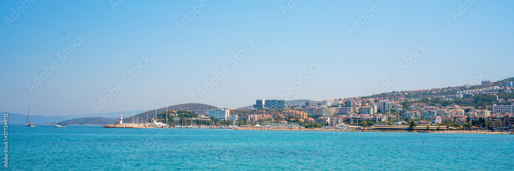sea and city scape with terre line in turkey kusadasi