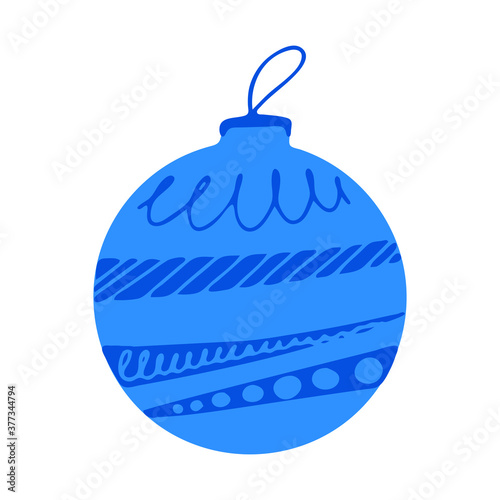 Hand drawn blue Christmas tree ball with doodle elements. Isolated on a white background.