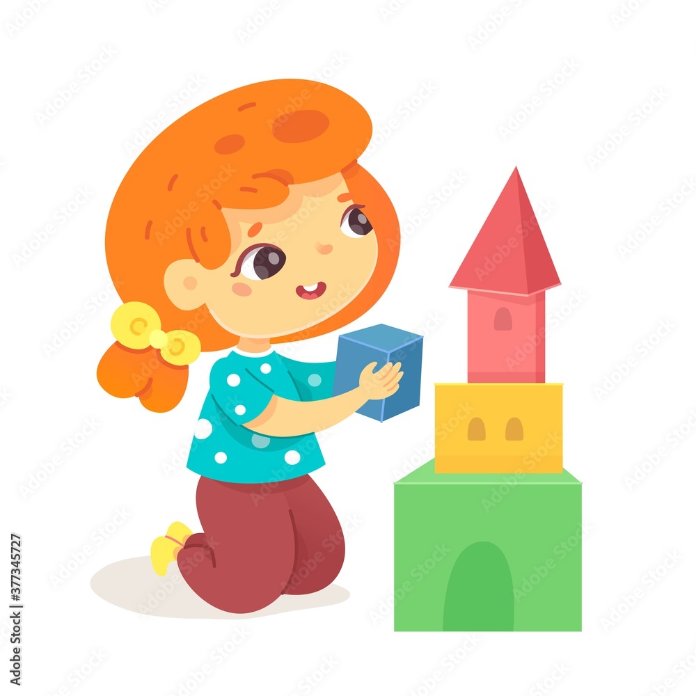 Little kid playing with toy blocks. Cute happy girl building castle in kindergarten. Happy toddler smiling with joy during funny game. Playground activity vector illustration Little kid playing with toy blocks. Cute happy girl building castle in kindergarten. Happy toddler smiling with joy during funny game. Playground activity vector illustration