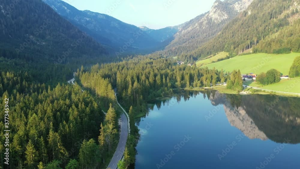 Drone flight over Hintersee in Bavaria, Germany Drone flight over Hintersee in Bavaria, Germany