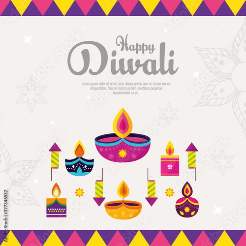banner of diwali festival holiday with fireworks and candles decoration vector illustration design