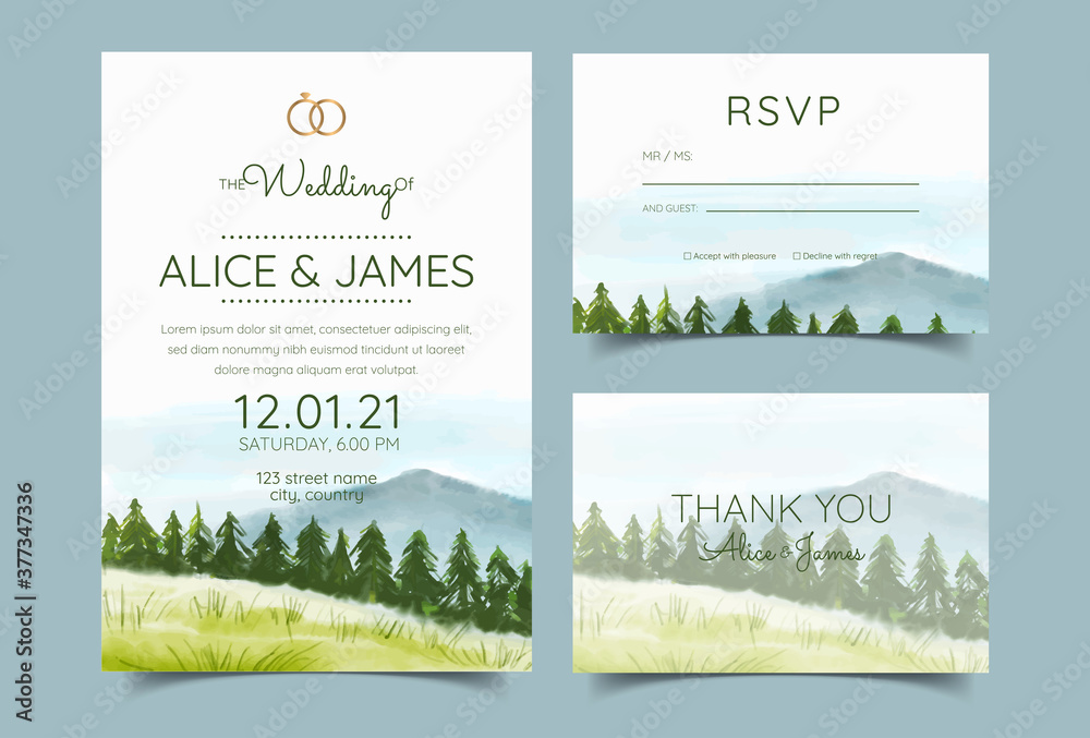 wedding invitation cards with pine forest landscape watercolor