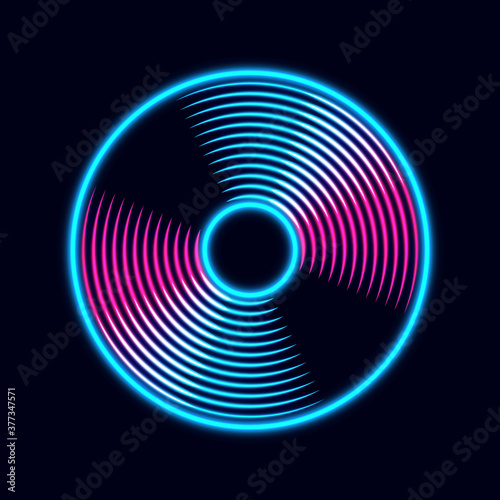 Vinyl music record in retro neon colors. Vintage gramophone disc. Album cover or template for party invitation in retro style. Vector illustration