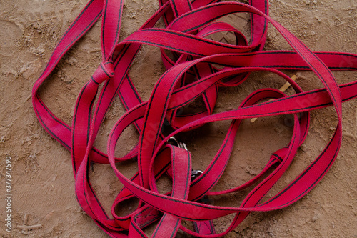 A pink lunging line lies ready in the sand for the next riding lesson.