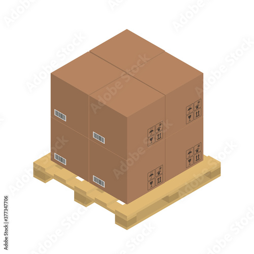 Cardboard brown boxes on the wooden pallet, isometric graphics.