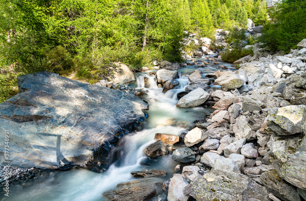 Findelbach brook at the Pennine Alps in Switzerland