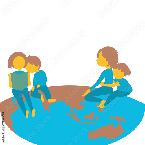 Cartoon of four cute children on earth ,planet two are Hugged their waist. Two are reading book.Vector isolate illustration concept for World kids. International friendship day,World children’s day.