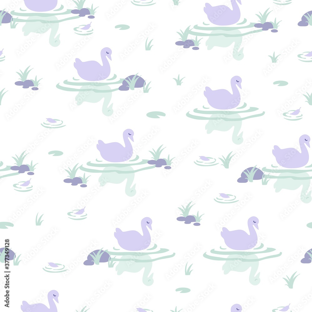 Fototapeta premium Swan swimming in water with reflections vector seamless pattern