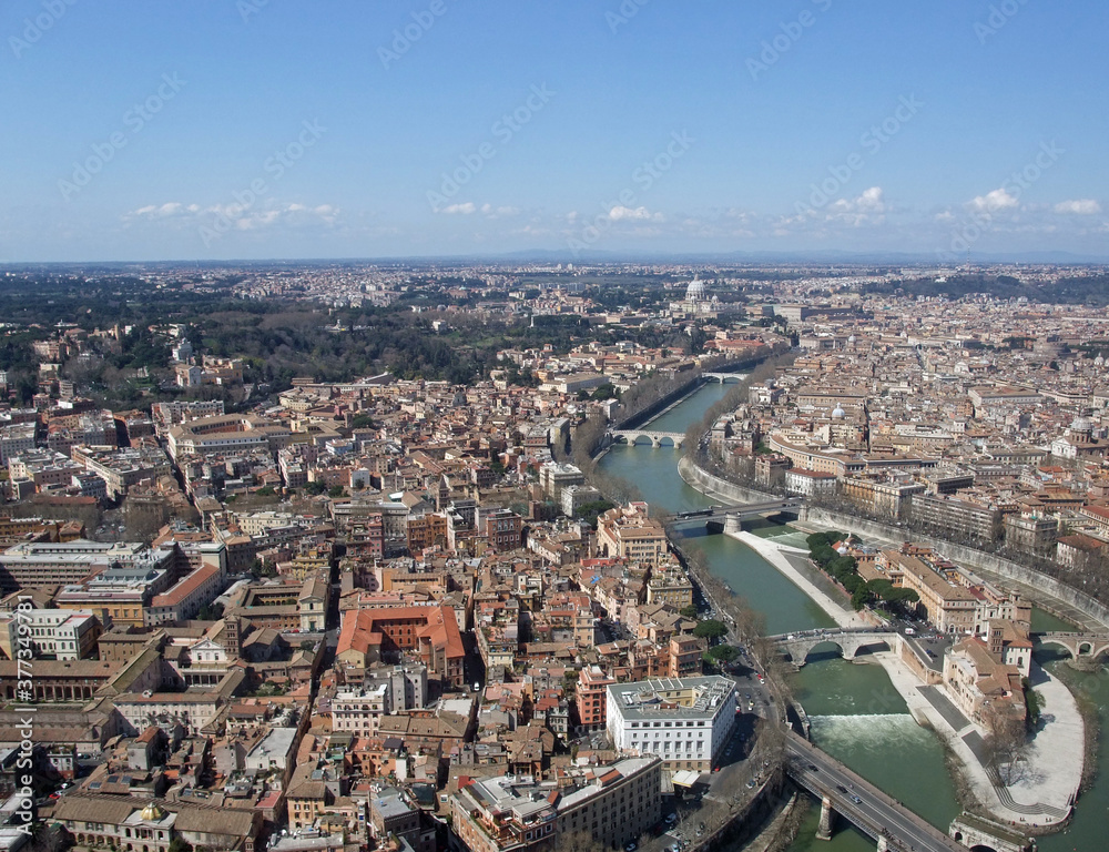 Aerial view along the Tiber River in the historic city of Rome Italy