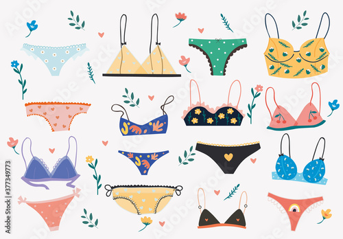Large set of colorful fashionable womens underwear with bras and panties in different styles isolated on white, colored vector illustration