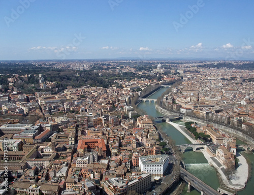 Aerial view along the Tiber River in the historic city of Rome Italy