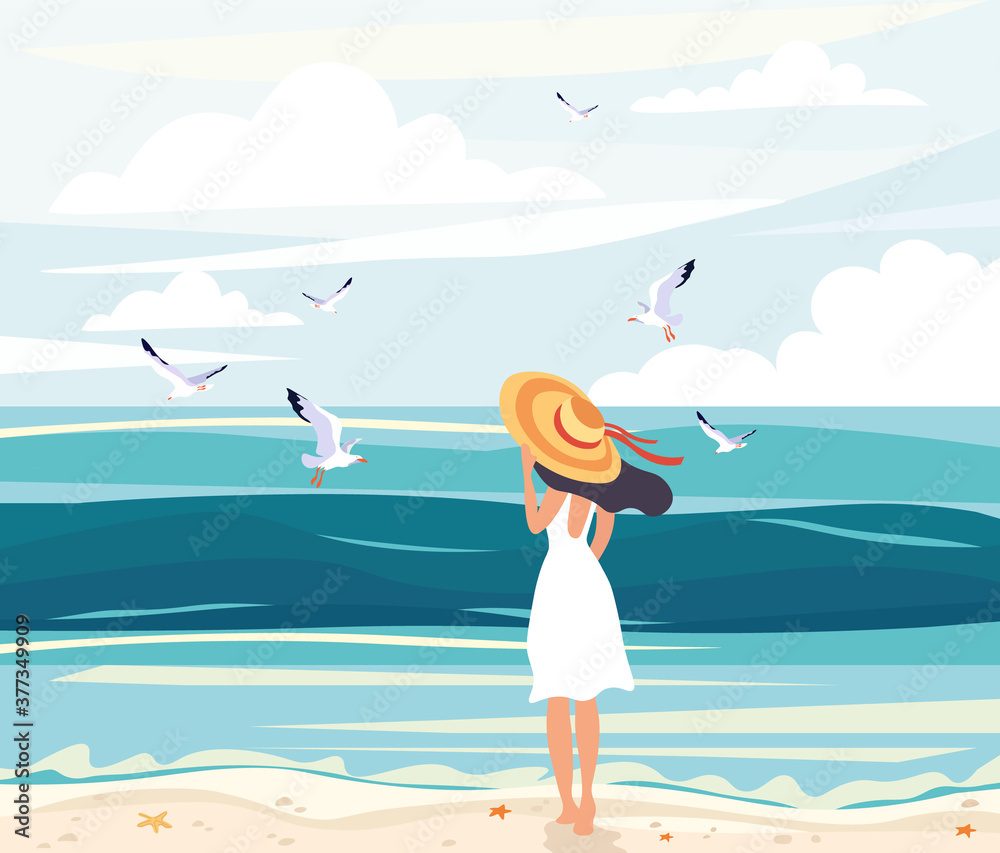 Woman in a straw sunhat at the seaside standing on the beach looking out over the ocean watching seagulls, colored vector illustration