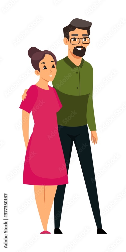 Happy man and woman standing together. Cute couple in relationship vector illustration. People in love, romantic scene. Husband and wife, young girl in dress with boyfriend Happy man and woman standing together. Cute couple in relationship vector illustration. People in love, romantic scene. Husband and wife, young girl in dress with boyfriend