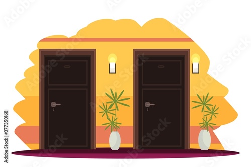 Hotel hall with room doors interior design background. Happy holiday vacation vector illustration. Staying at modern hotel in city. Trendy accomodation for visit or trip scene