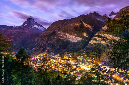 View of Matterhorn mountain with Zermatt from a panoramic trail. Switzerland © Leonid Andronov