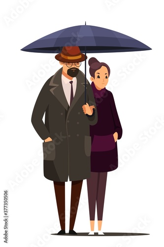 People in rainy weather standing under umbrella. Man and woman walking in rain. Autumn outdoor vector illustration. Characters in warm coats waiting for transport or going home