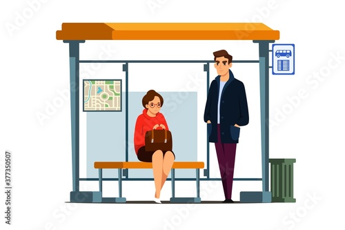 People waiting at bus stop. Man standing, woman sitting on bench outdoor. Public transport vector illustration. Front view of busstop with map and sign banner. Urban route