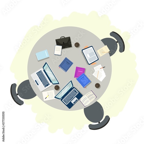Empty open workspace. Desk with laptops, books, notebooks, coffee and chairs in university campus, cafe or office workplace. Modern business interior design vector illustration