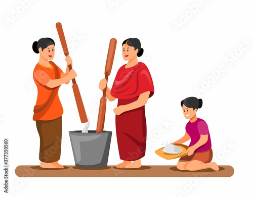 Asian woman pounding and cleaning rice traditional activity in village concept in cartoon illustration vector isolated in white background