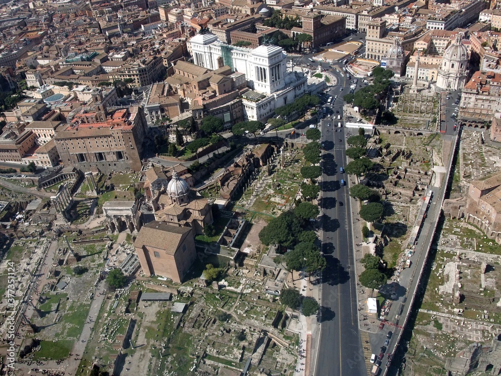 Aerial view of the urban city landscape in Rome Italy, above the Monument to Vittorio Emanuele at Piazza Venezia