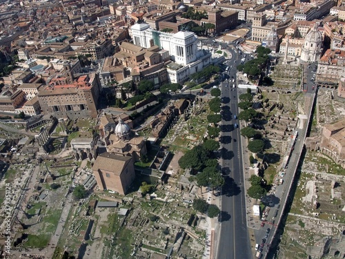 Aerial view of the urban city landscape in Rome Italy, above the Monument to Vittorio Emanuele at Piazza Venezia