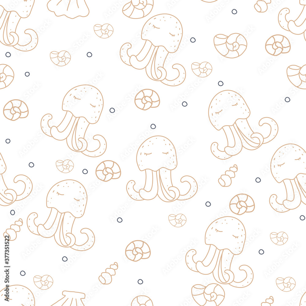 Seamless background with jellyfish, seashells. Vector. For the design of wrapping paper, textile.