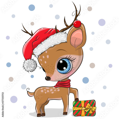 Cute cartoon Deer with gift in a Santa hat