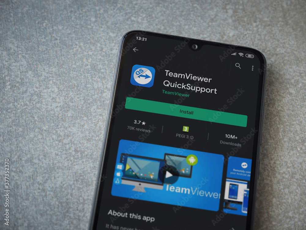 TeamViewer QuickSupport app play store page on the display of a black