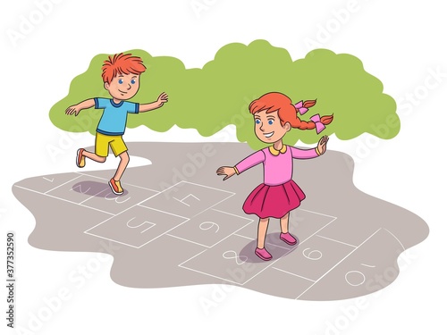 Kids playing hopscotch game outside. Happy girl and boy hopping together at playground near school. Fun active outdoor activity vector illustration. Numbers in chalk on pavement