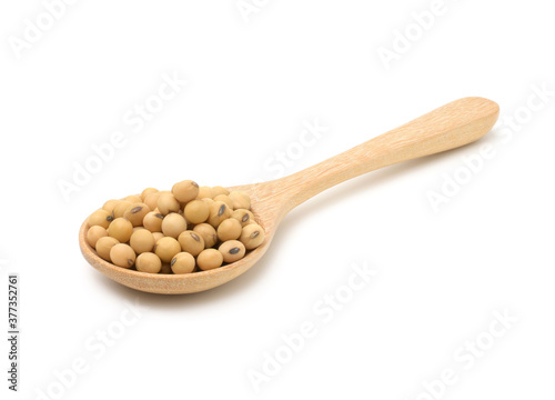 Soybeans in a wooden spoon isolated on white background,Agricultural products.