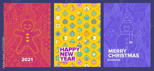 Poster set, cookie man, snowman and Christmas toys. 2021, Holiday Christmas Party and New Year Party Invitation Design Template with line art icons