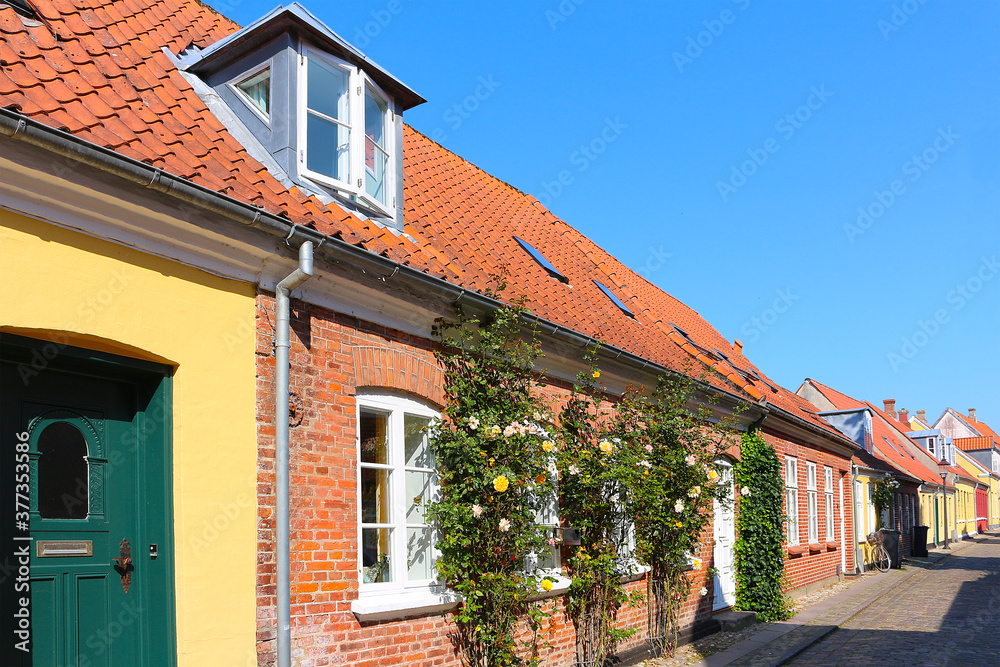 Traditional nordic red brickstone houses in the center of Ribe (Denmark)