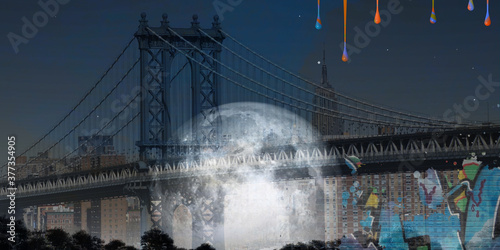 Surreal digital art. Manhattan bridge on New York cityscape. Giant moon, pieces of graffiti. Paint drops. 3D rendering © rolffimages