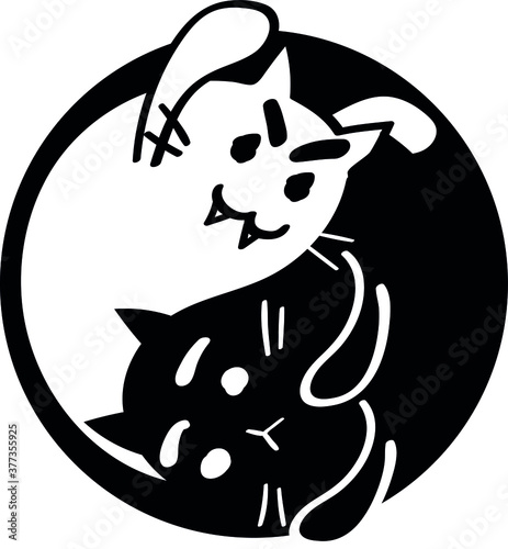 Yin yang halloween ghost and scared cats. Black and white kitten, undead and alive, isolated. Monochrome vector illustration. 